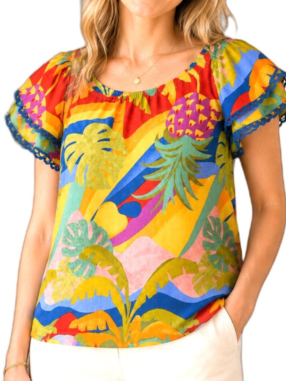 Christian Siriano Tropical Pineapple Print Flutter Sleeve Keyhole Back Blouse